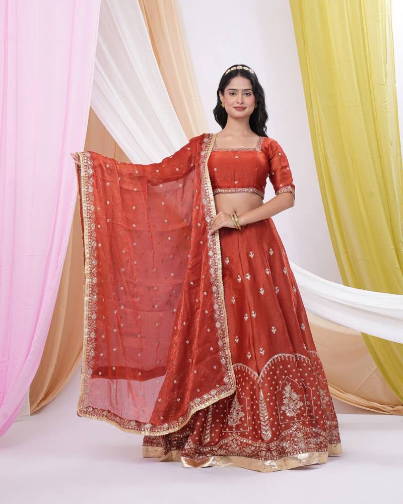 Rust Red Art Silk Embroidered & Sequin Lehenga Choli Set with Dupatta 