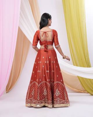 Rust Red Art Silk Embroidered & Sequin Lehenga Choli Set with Dupatta  2