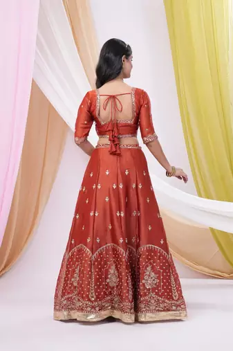 Rust Red Art Silk Embroidered & Sequin Lehenga Choli Set with Dupatta 