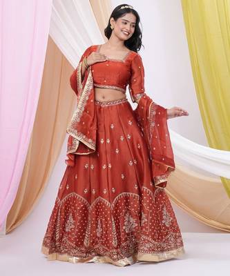 Rust Red Art Silk Embroidered & Sequin Lehenga Choli Set with Dupatta  3