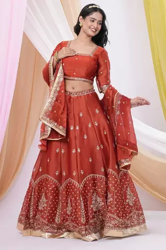 Rust Red Art Silk Embroidered & Sequin Lehenga Choli Set with Dupatta 