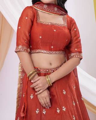 Rust Red Art Silk Embroidered & Sequin Lehenga Choli Set with Dupatta  4