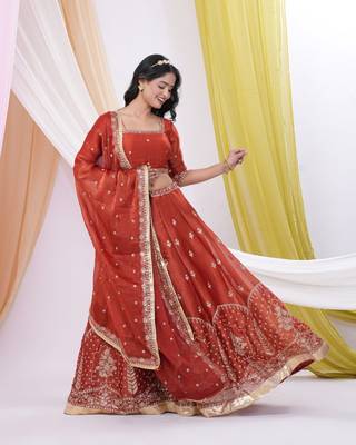 Rust Red Art Silk Embroidered & Sequin Lehenga Choli Set with Dupatta  5