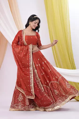 Rust Red Art Silk Embroidered & Sequin Lehenga Choli Set with Dupatta 
