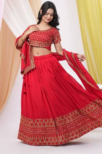  Red Embroidered Art Silk Ready-to-Wear Lehenga Choli with Dupatta