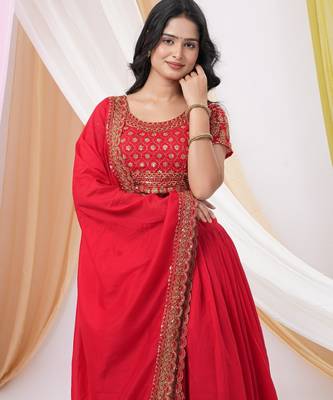  Red Embroidered Art Silk Ready-to-Wear Lehenga Choli with Dupatta 3
