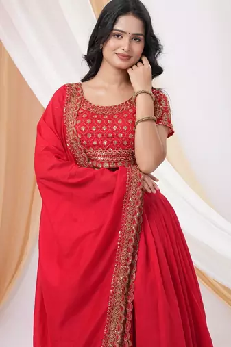  Red Embroidered Art Silk Ready-to-Wear Lehenga Choli with Dupatta
