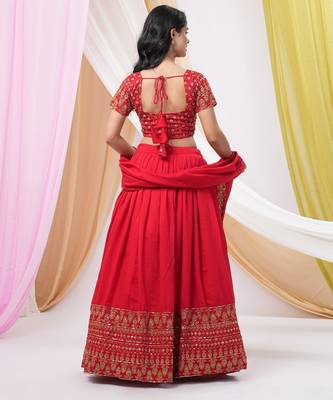  Red Embroidered Art Silk Ready-to-Wear Lehenga Choli with Dupatta 4