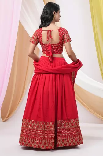  Red Embroidered Art Silk Ready-to-Wear Lehenga Choli with Dupatta
