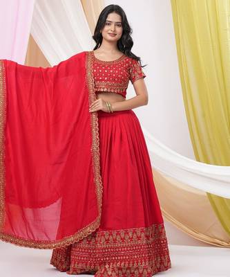  Red Embroidered Art Silk Ready-to-Wear Lehenga Choli with Dupatta 5