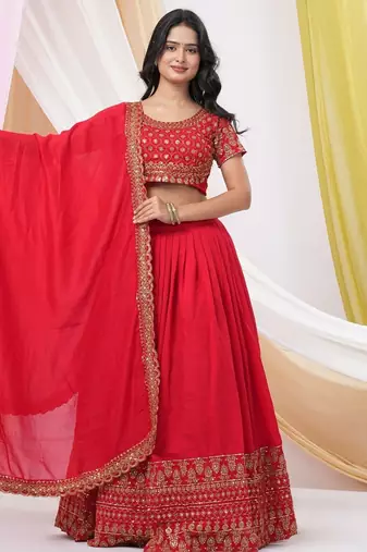  Red Embroidered Art Silk Ready-to-Wear Lehenga Choli with Dupatta