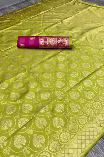 parrot green pink silk blend banarasi saree with unstitched blouse piece