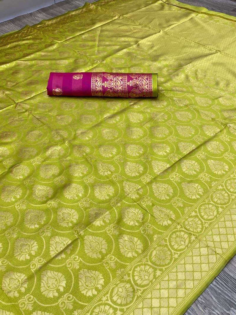 parrot green pink silk blend banarasi saree with unstitched blouse piece