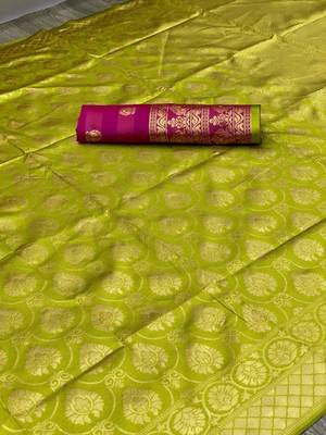 parrot green pink silk blend banarasi saree with unstitched blouse piece 7