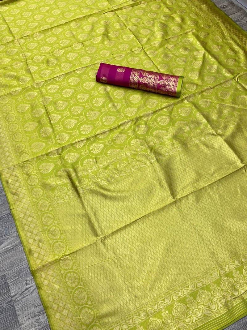 parrot green pink silk blend banarasi saree with unstitched blouse piece