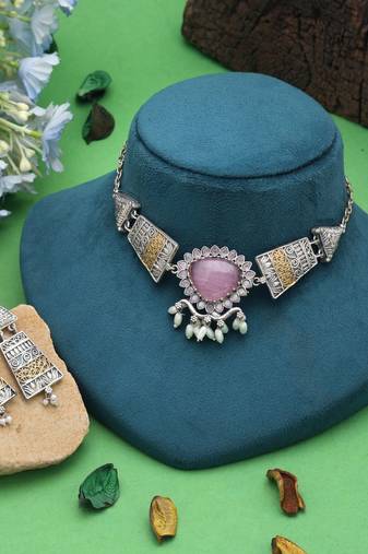 Light pink color dual tone oxidised necklace set traditional design