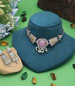Light pink color dual tone oxidised necklace set traditional design