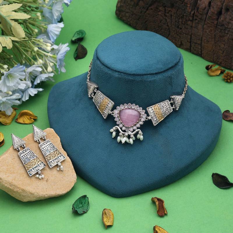 Light pink color dual tone oxidised necklace set traditional design