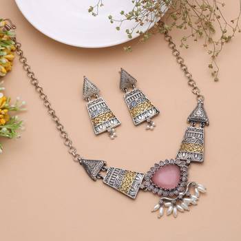 Light pink color dual tone oxidised necklace set traditional design 2