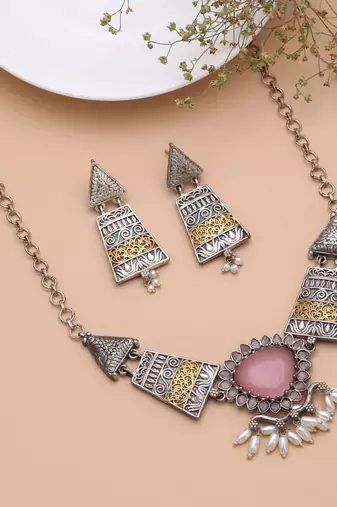 Light pink color dual tone oxidised necklace set traditional design