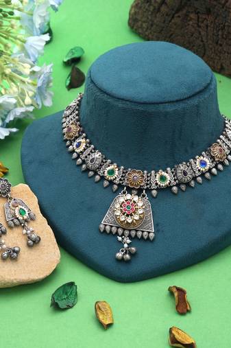 Multi color dual tone oxidised necklace set handmade appeal
