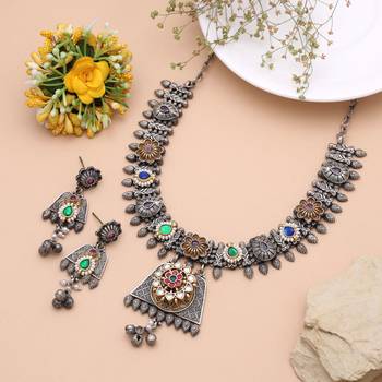 Multi color dual tone oxidised necklace set handmade appeal 2