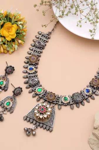Multi color dual tone oxidised necklace set handmade appeal