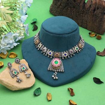 Multi color dual tone oxidised necklace set designer style 1