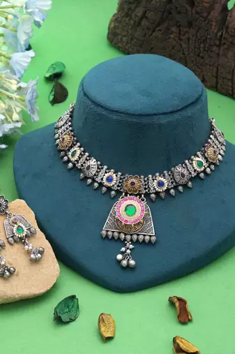 Multi color dual tone oxidised necklace set designer style