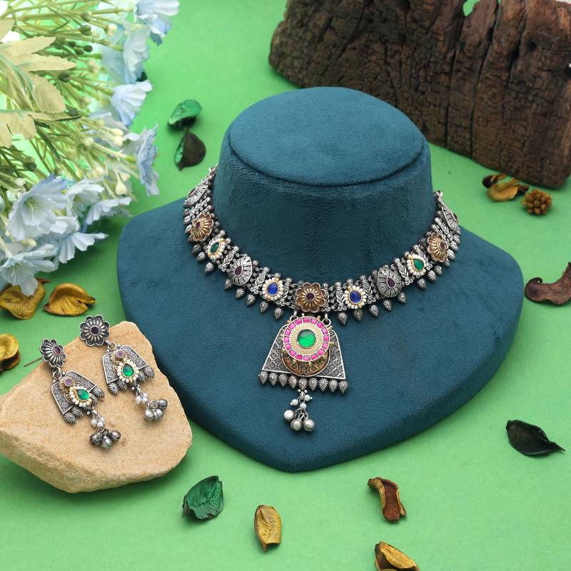 Multi color dual tone oxidised necklace set designer style