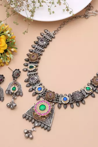 Multi color dual tone oxidised necklace set designer style
