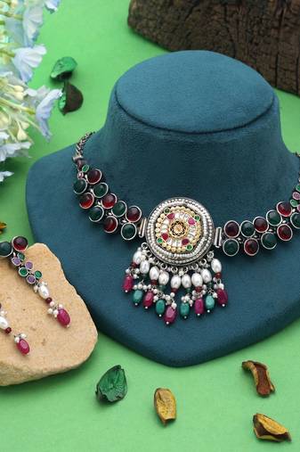 Multi color dual tone oxidised necklace set festive wear