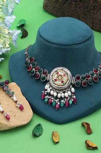 Multi color dual tone oxidised necklace set festive wear