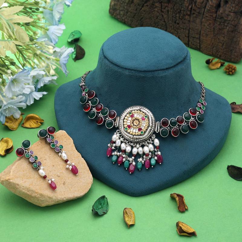 Multi color dual tone oxidised necklace set festive wear