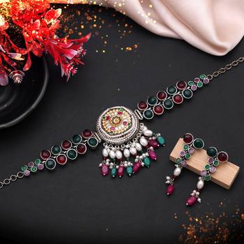 Multi color dual tone oxidised necklace set festive wear 2