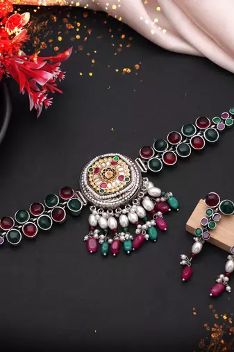 Multi color dual tone oxidised necklace set festive wear