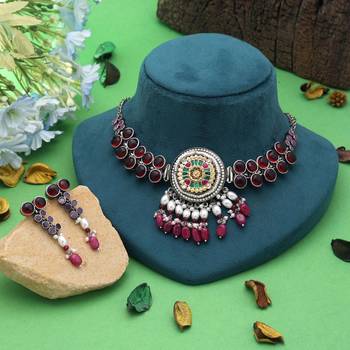 Maroon & rani color dual tone oxidised necklace set designer finish 1