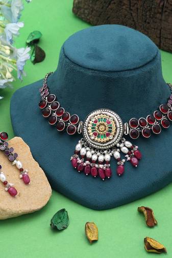 Maroon & rani color dual tone oxidised necklace set designer finish