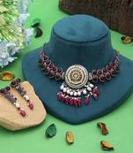 Maroon & rani color dual tone oxidised necklace set designer finish