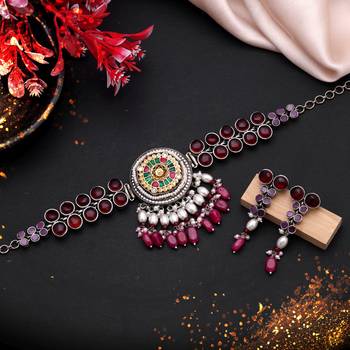 Maroon & rani color dual tone oxidised necklace set designer finish 2