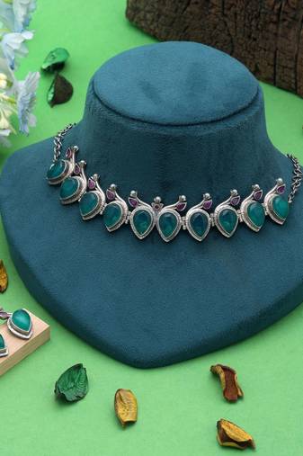 Green & purple color oxidised necklace set traditional design