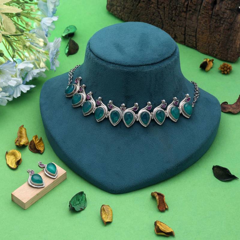 Green & purple color oxidised necklace set traditional design