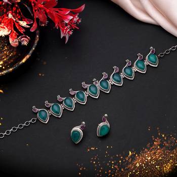 Green & purple color oxidised necklace set traditional design 2