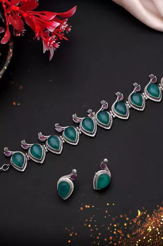 Green & purple color oxidised necklace set traditional design