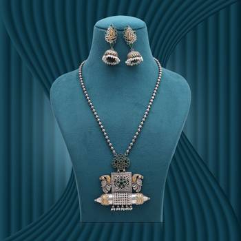 Green color dual tone oxidised stone necklace set traditional style 1