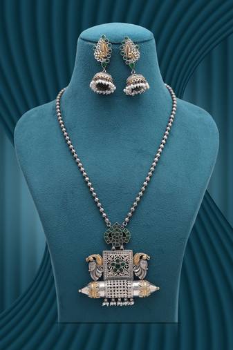 Green color dual tone oxidised stone necklace set traditional style