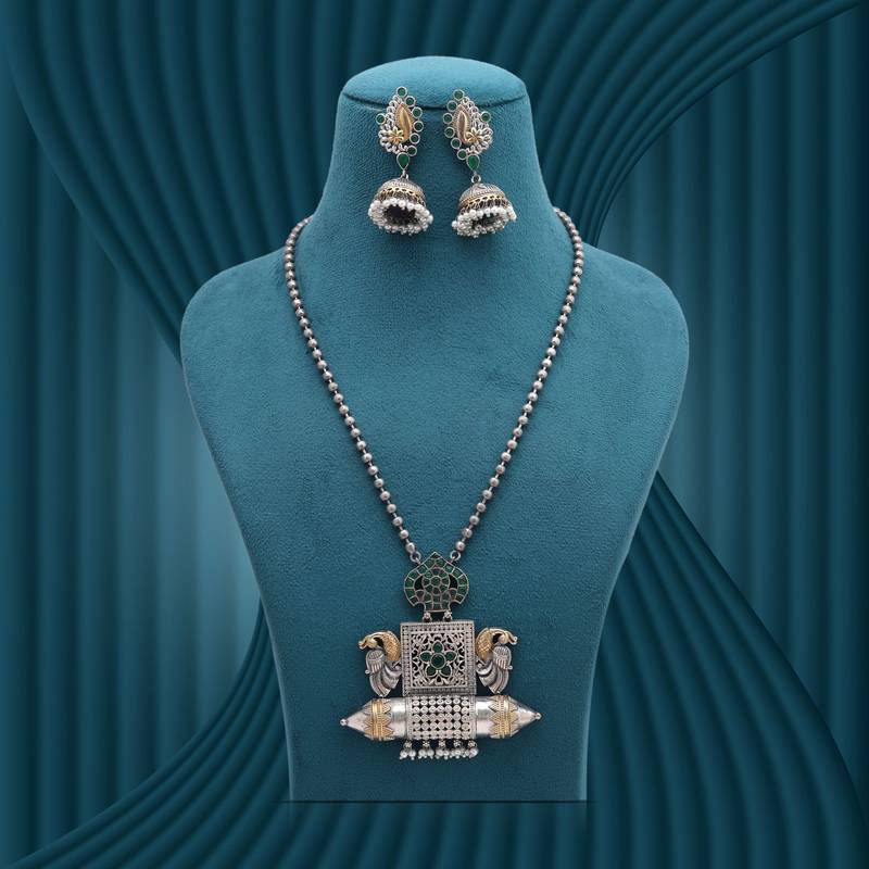 Green color dual tone oxidised stone necklace set traditional style