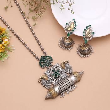 Green color dual tone oxidised stone necklace set traditional style 2