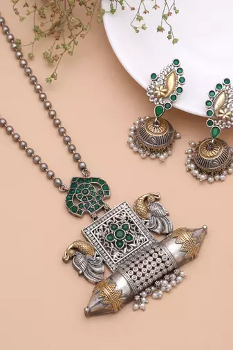 Green color dual tone oxidised stone necklace set traditional style