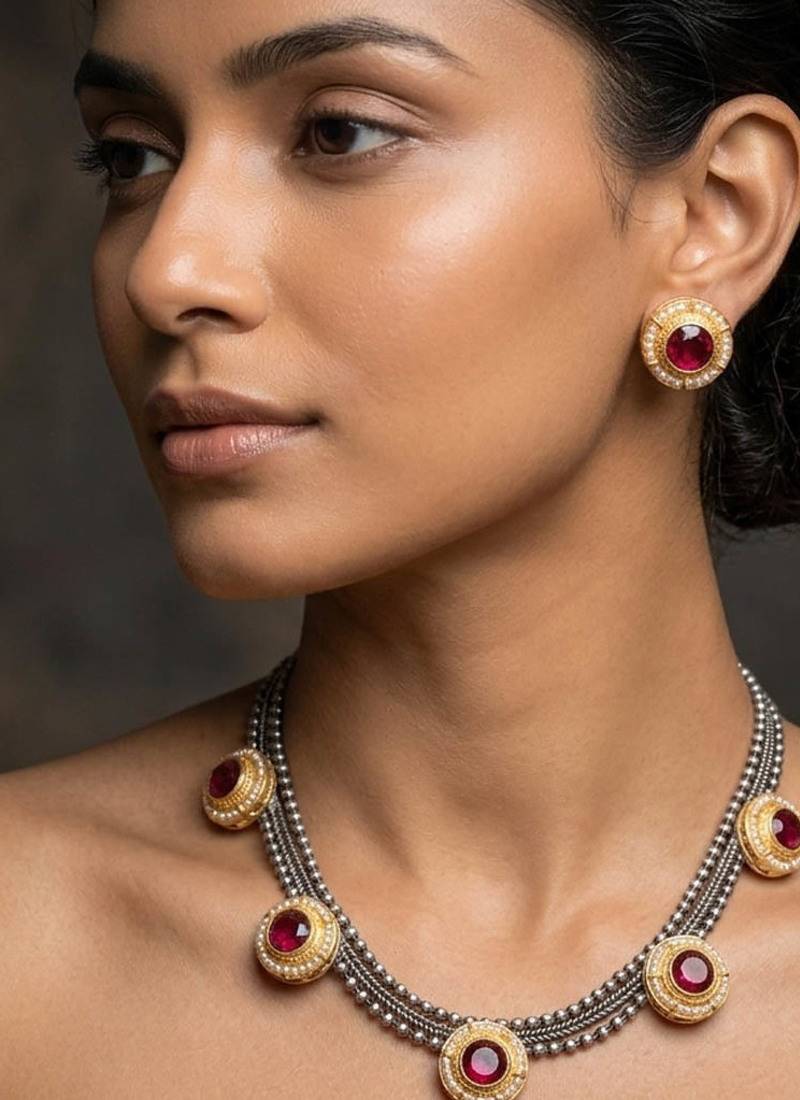 Rani color dual tone oxidised necklace set